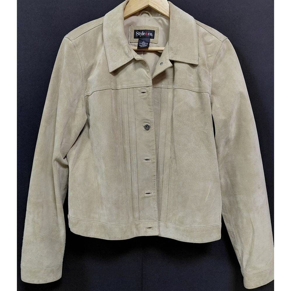 Style & Co Genuine Leather Jacket Beige Solid Long Sleeve Women Size L